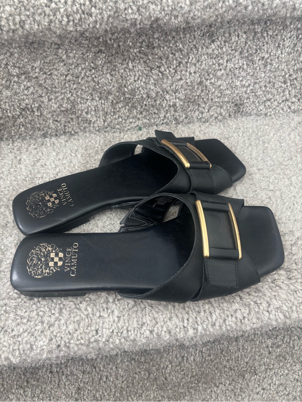 Vince Camuto Black Leather Slide Mules with Gold Buckle Detail - Size 10 - Picture 2 of 4